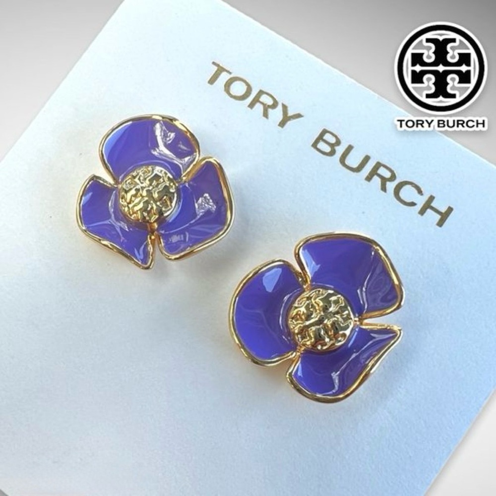 Tory Burch Gold-Trim Purple Enamel Flower Stud Earrings